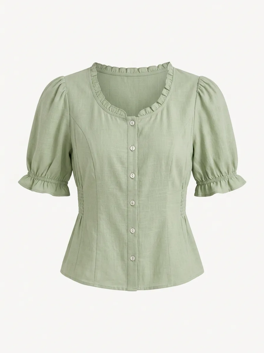 Women's Sage Green Ruffled Puff Sleeve Button Down Blouse