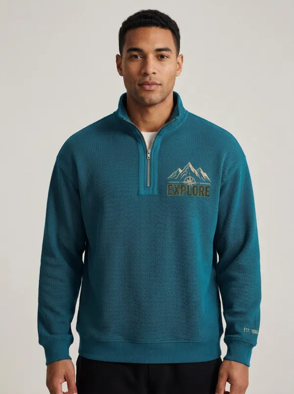 Men's Explore Mountain Compass Waffle Knit Quarter Zip Sweatshirt