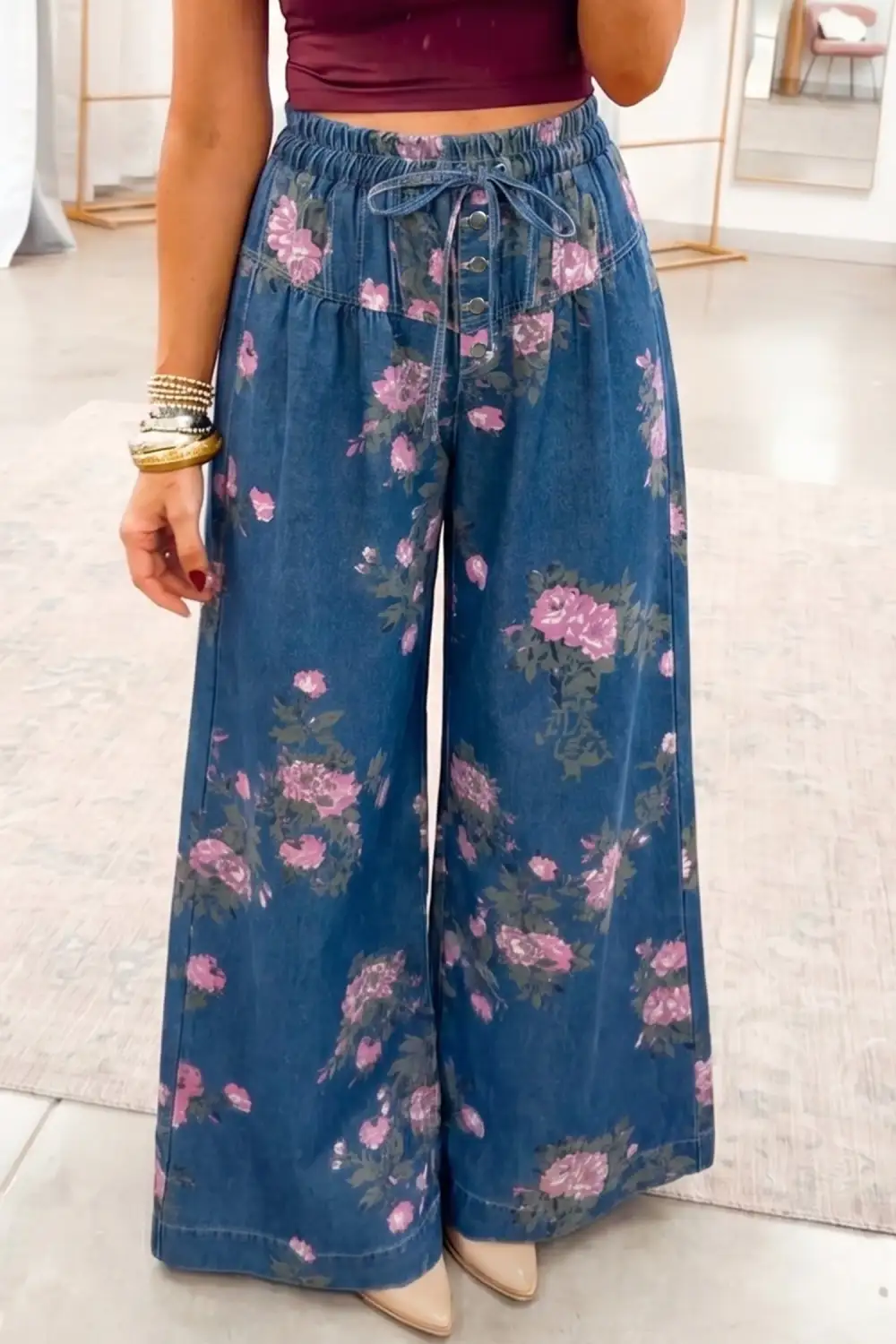 Wide Leg Button Elastic Denim Jeans