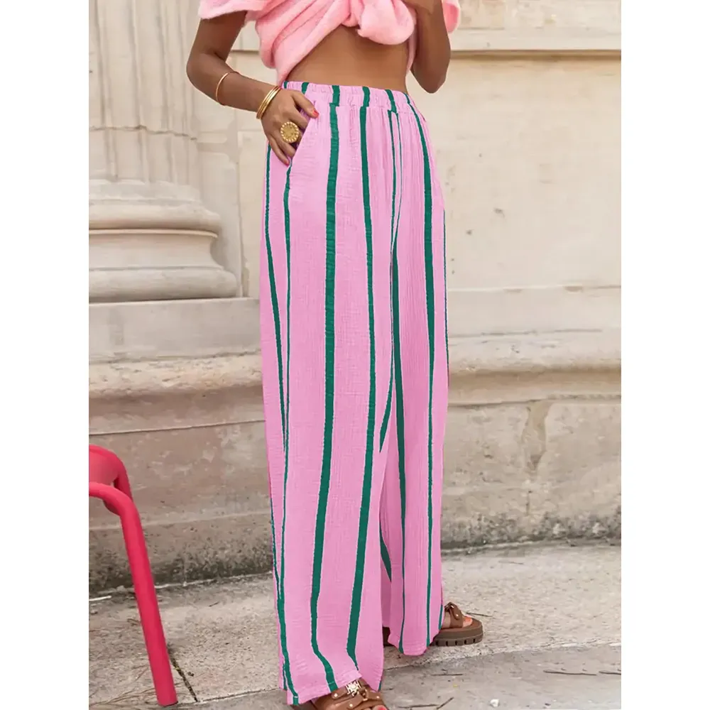 Women's Linen Striped Print Wide Leg Pants