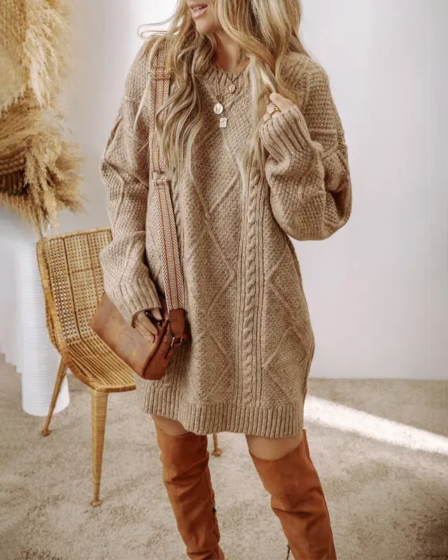 Women'S Round Neck Long Sleeve Sweater Dress Casual Loose Fit Cable Knit Pullover Mini Dress