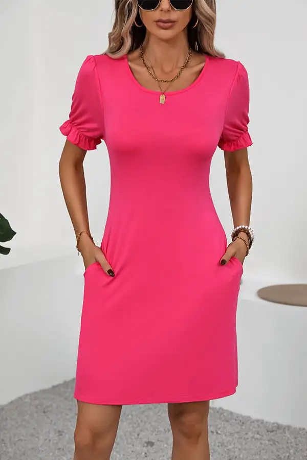 Solid Round Neck Frill Mini Dress