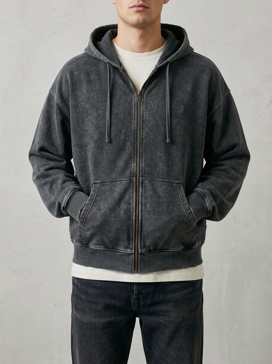 Men's Vintage Washed Charcoal Embroidered Logo Zip Up Hoodie