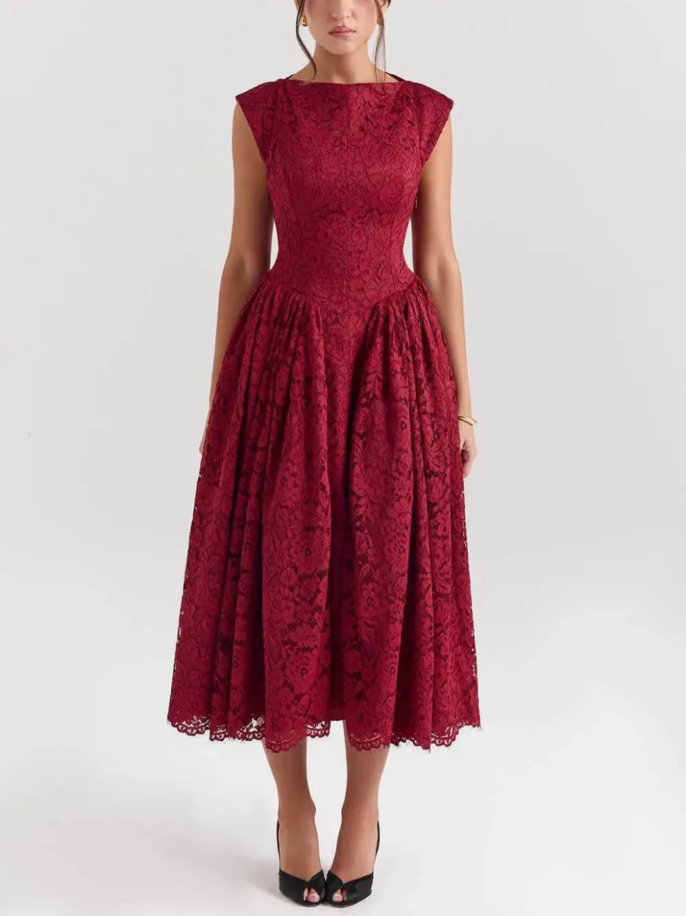 Elegant Lace Open Back Waist Midi Dress