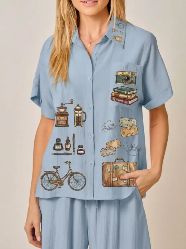 Women's Travel Hobbyist Vintage Icons Printed Button-up Shirt