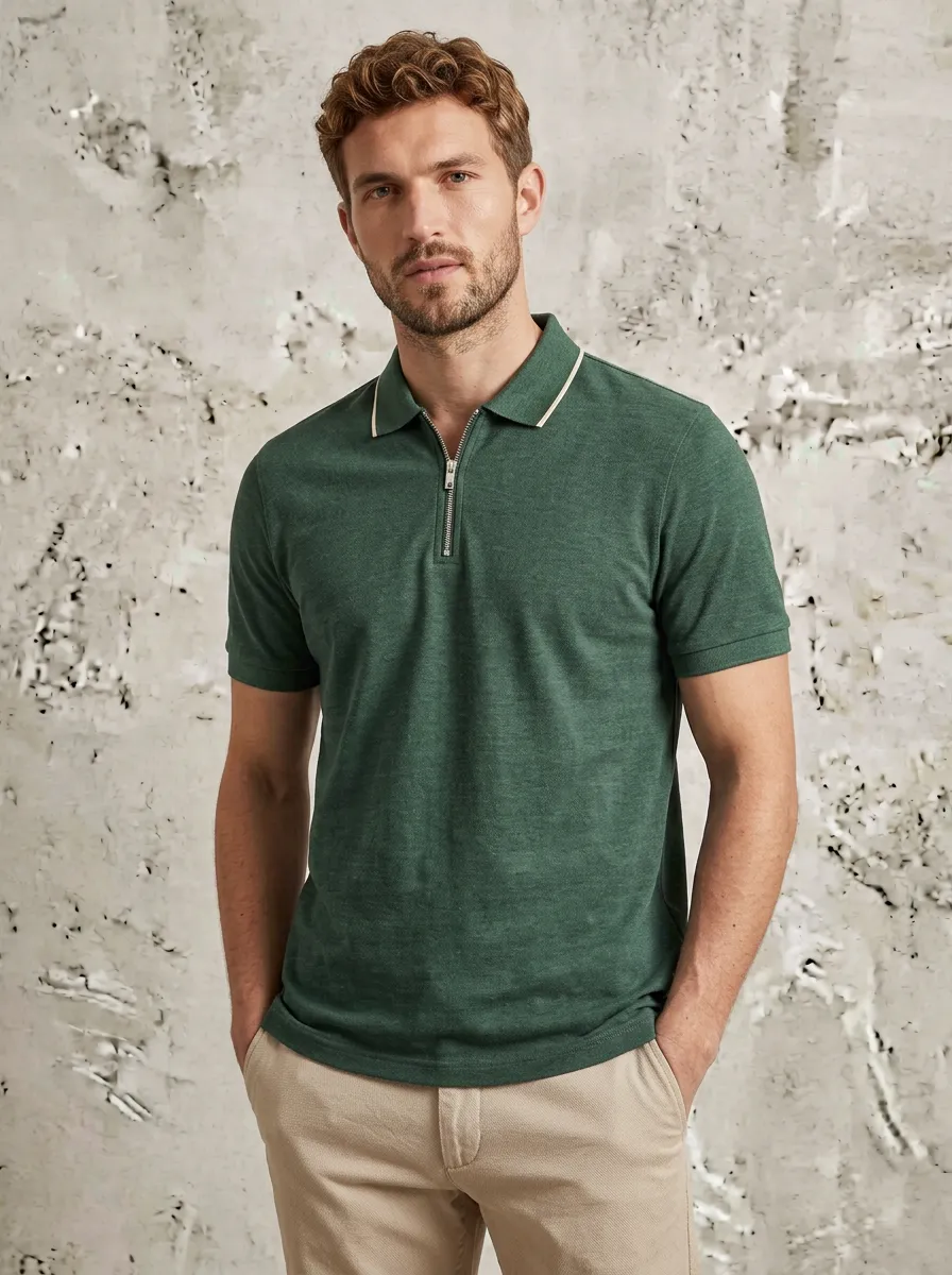 Men's Green Zip-Neck Polo Shirt