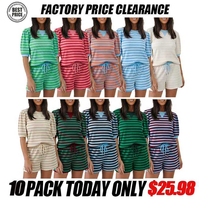 Women's Striped Puff Sleeve Short Sleeve 2‑Piece Set
