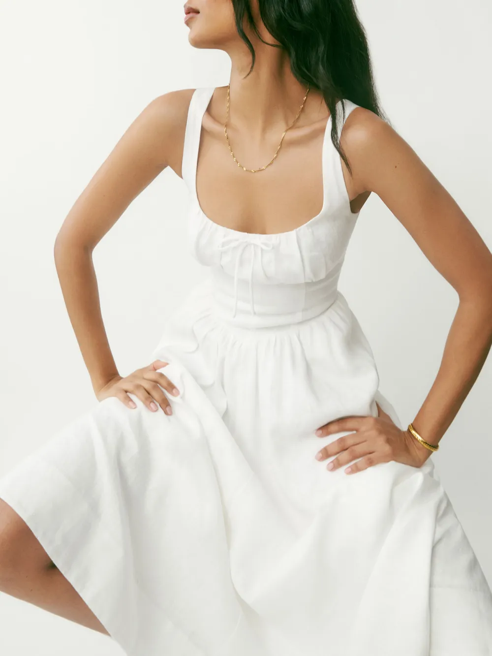 Square Neck Linen A Line Midi Dress