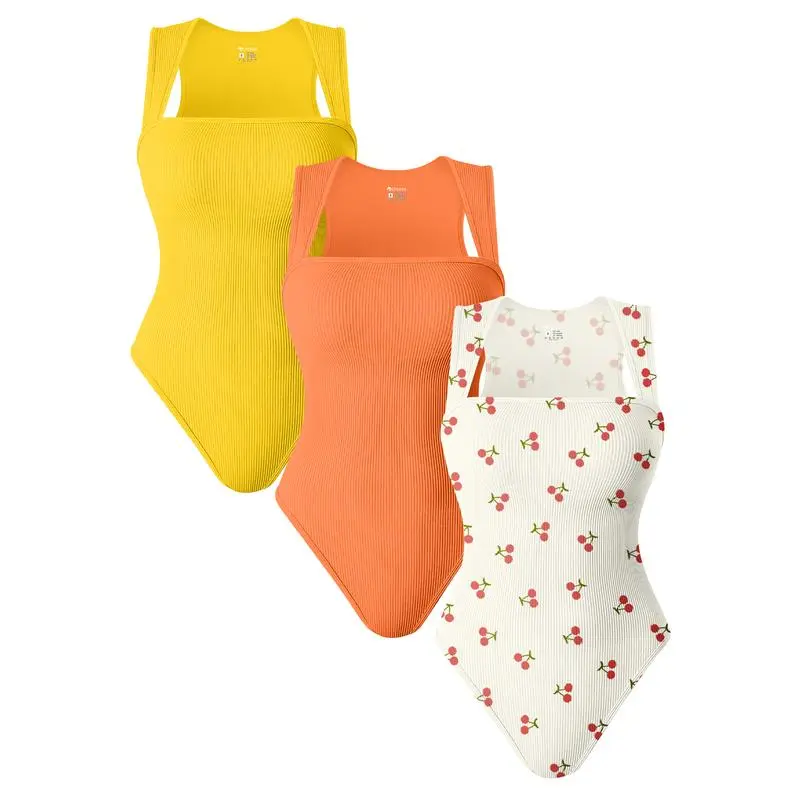Womenswear 3 Piece Bodysuits Stretchy Underwear Sexy Ribbed Square Neck Sleeveless Stretchy Tank Tops Bodysuits Soft Lady