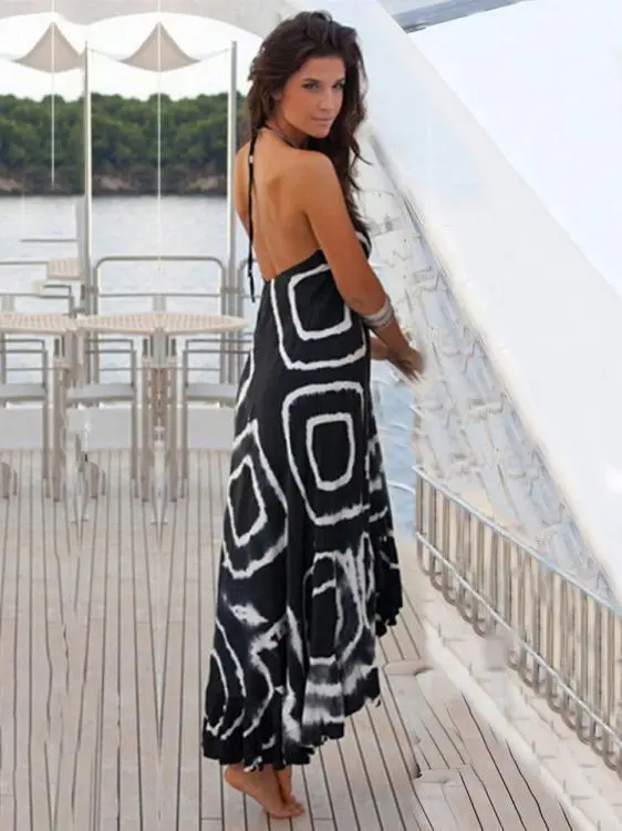 2018 Print Black Halter Beach Maxi Long Dress