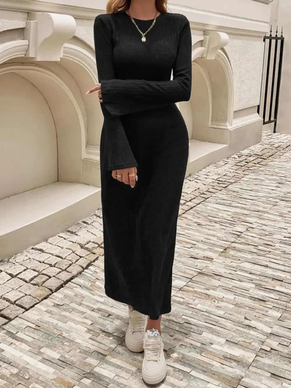 Wearable Cut Ribbed Knit Long Sleeve Midi Dress