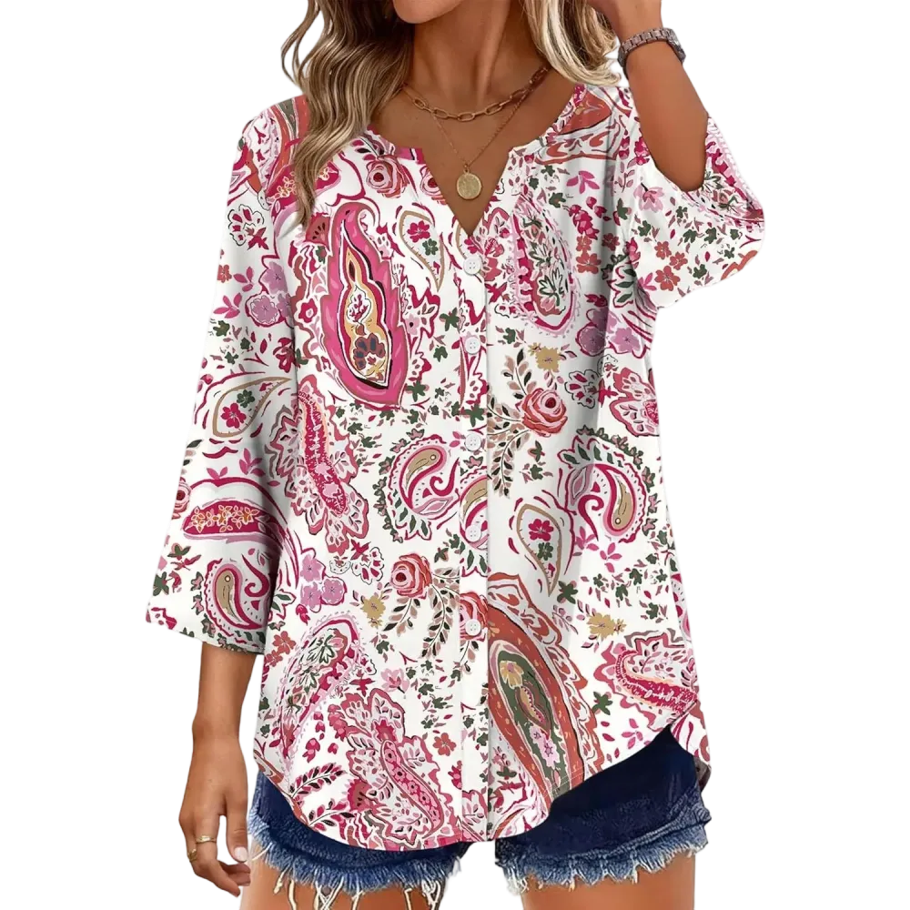 🔥 Women's 3/4 Sleeve V-Neck Button Down Blouse | Loose Fit Casual Tops