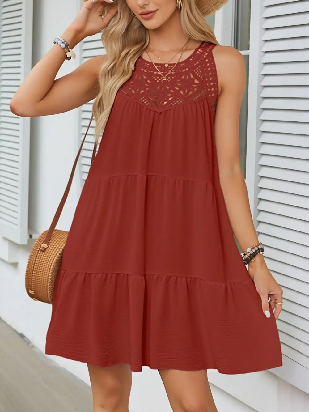 Boho Lace Sleeveless Tiered Above-Knee Length Dress