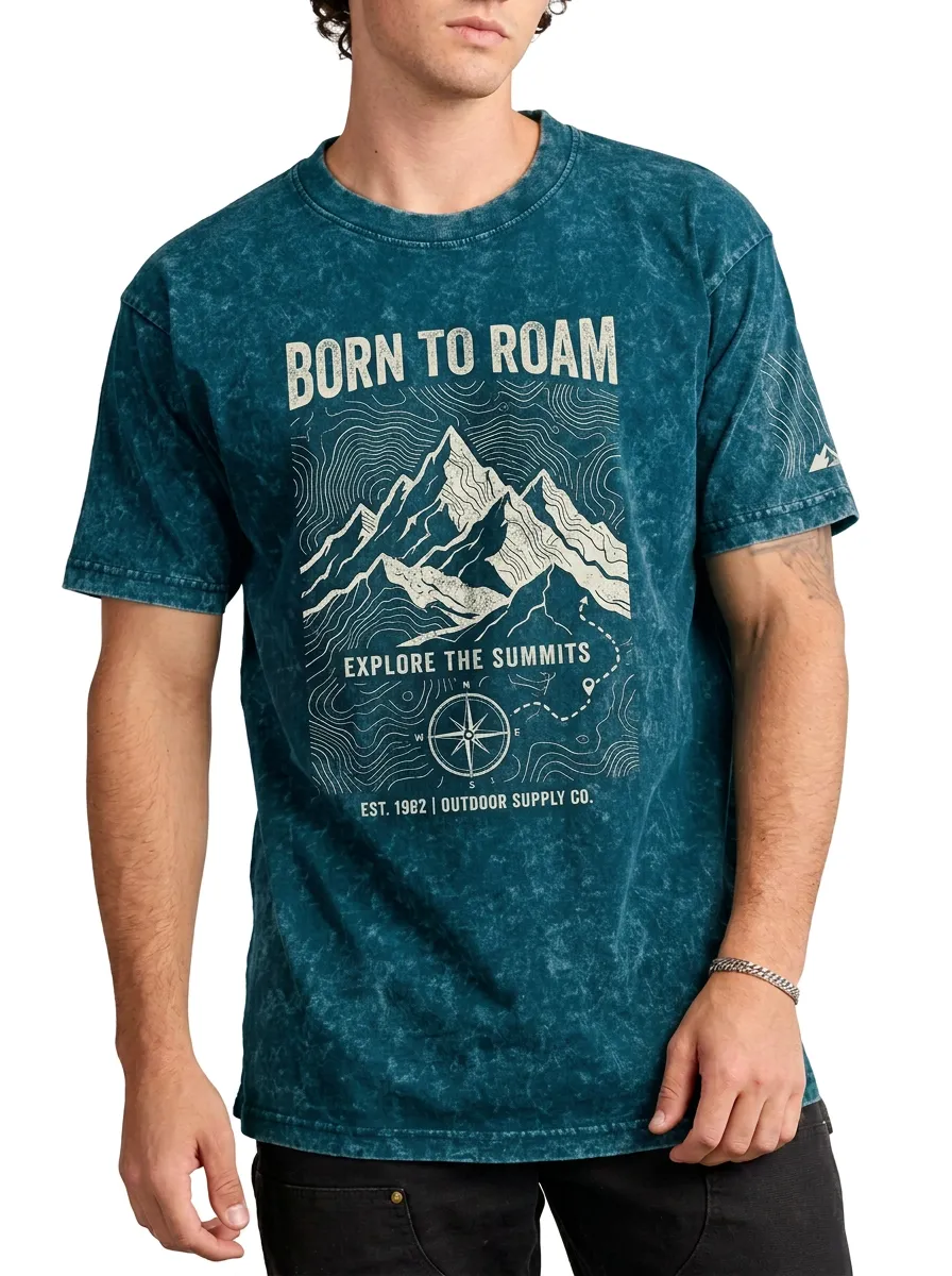 Men's Acid Wash Adventure Route Outdoor Adventure Mountain Compass Graphic T-Shirt