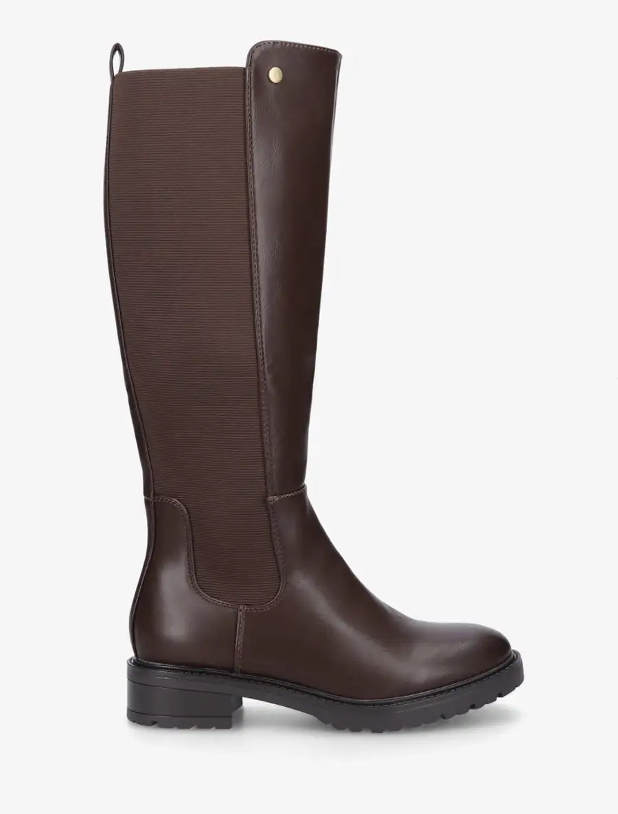 Everyday Stretch Panel Lug Sole Block Heel Faux Leather Knee High Boots