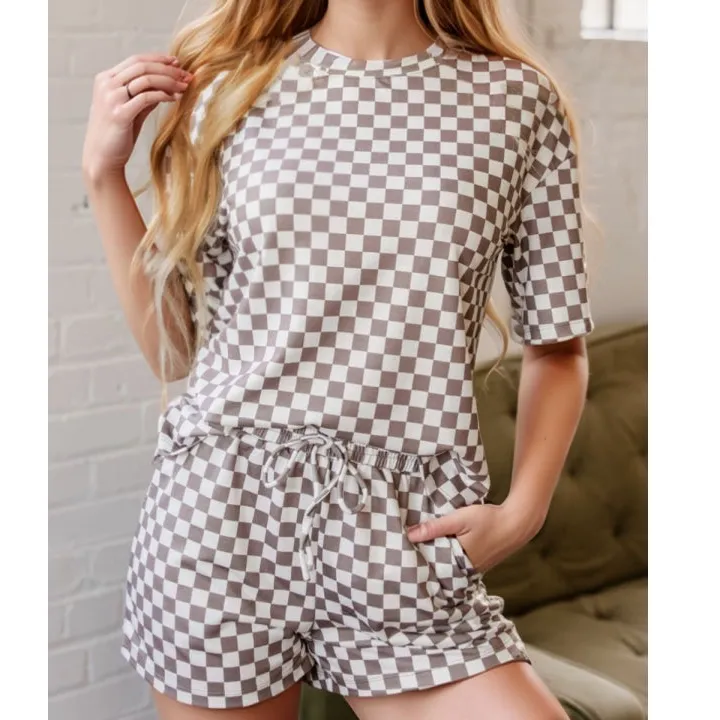 Checkered Round Neck Top and Shorts Set