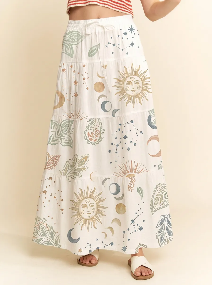Women's Celestial Boho Sun Moon Stars Printed Maxi Skirt