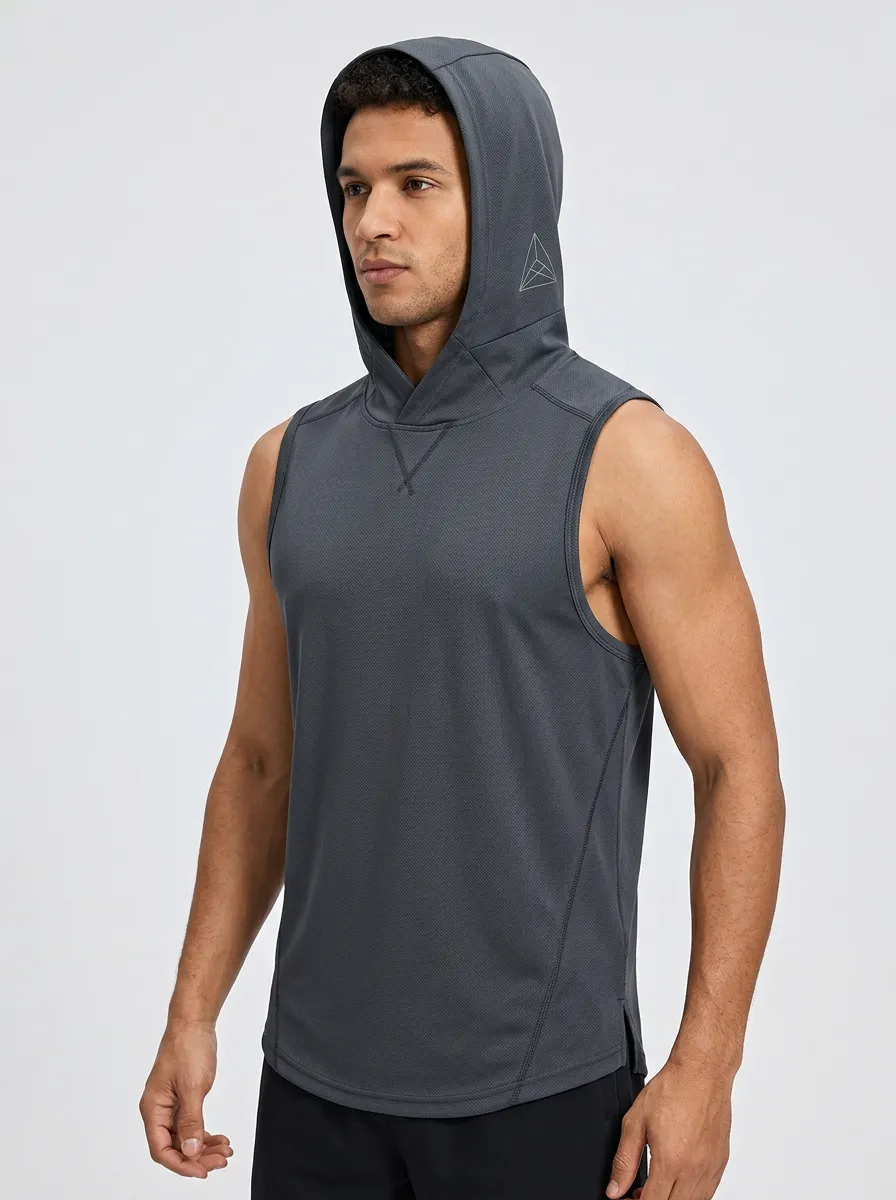 Men's Fitness Geometric Logo Printed Quick-Dry Hooded Tank Top