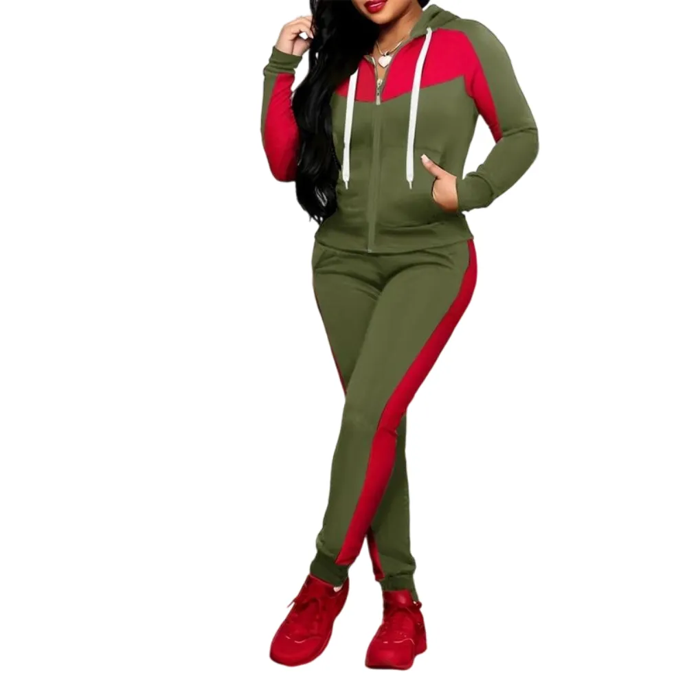 Two-Piece Set Women's Colorblock Zip Up Hoodie & Pocket Pants