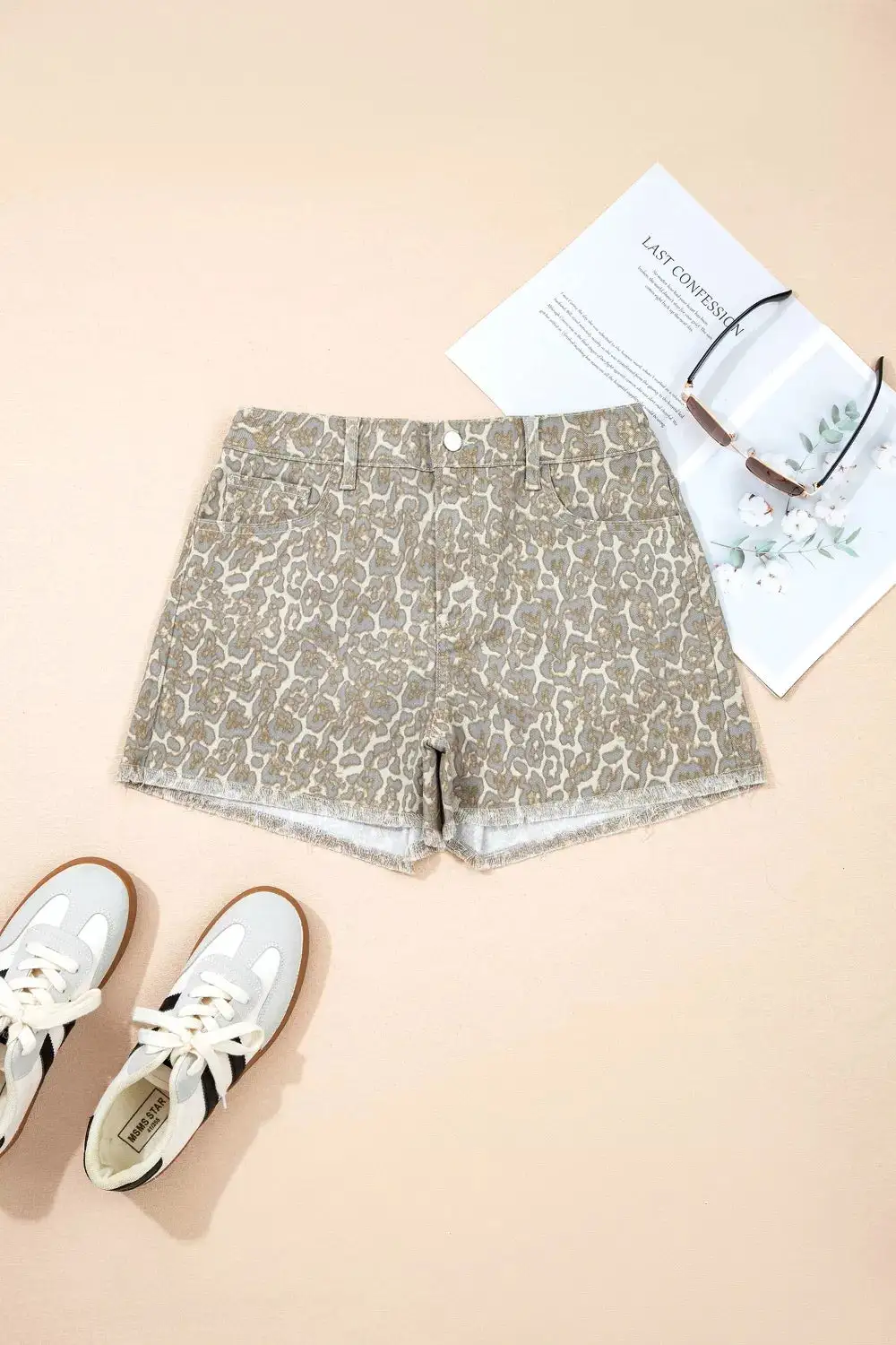 Classic Raw Edge Leopard Print Denim Shorts