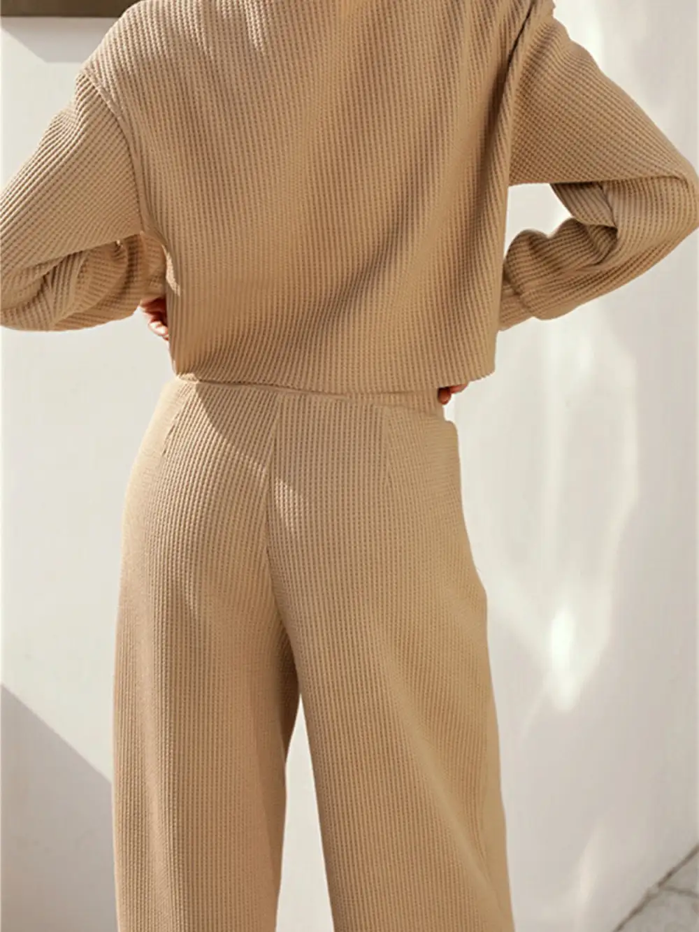 Waffle Knit Round Neck Top And Pants Set