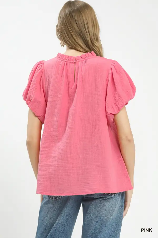 Cotton Textured Gauze Ruffle Neck Boho Top