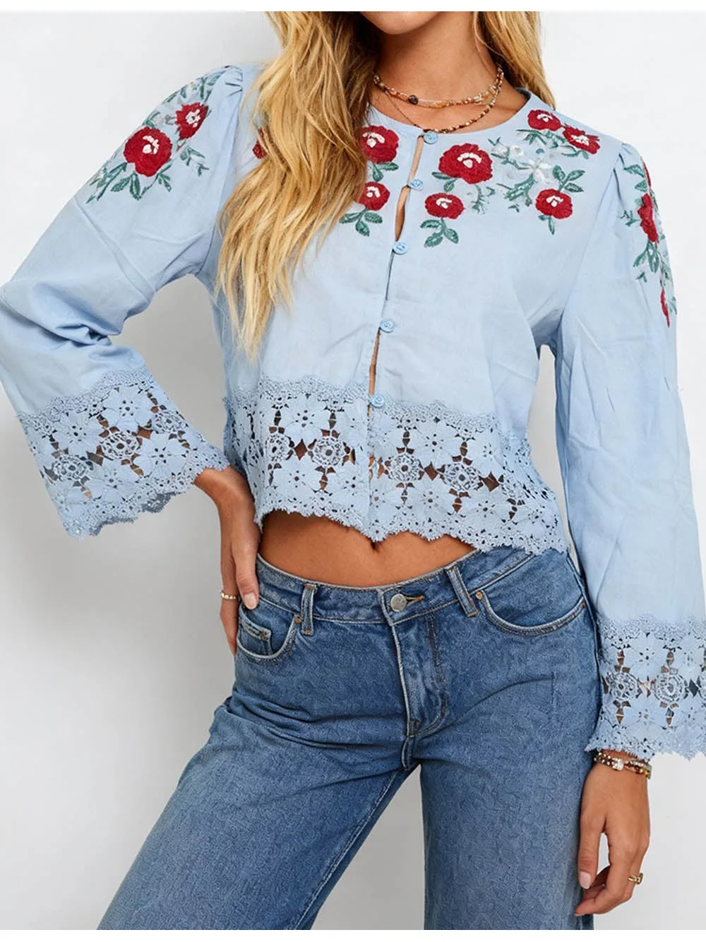 Boho Embroidery Lace Hem Blouse