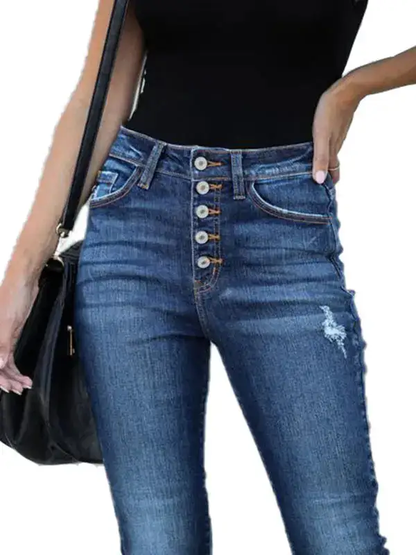 High Waist Ripped Elastic Denim Jeans