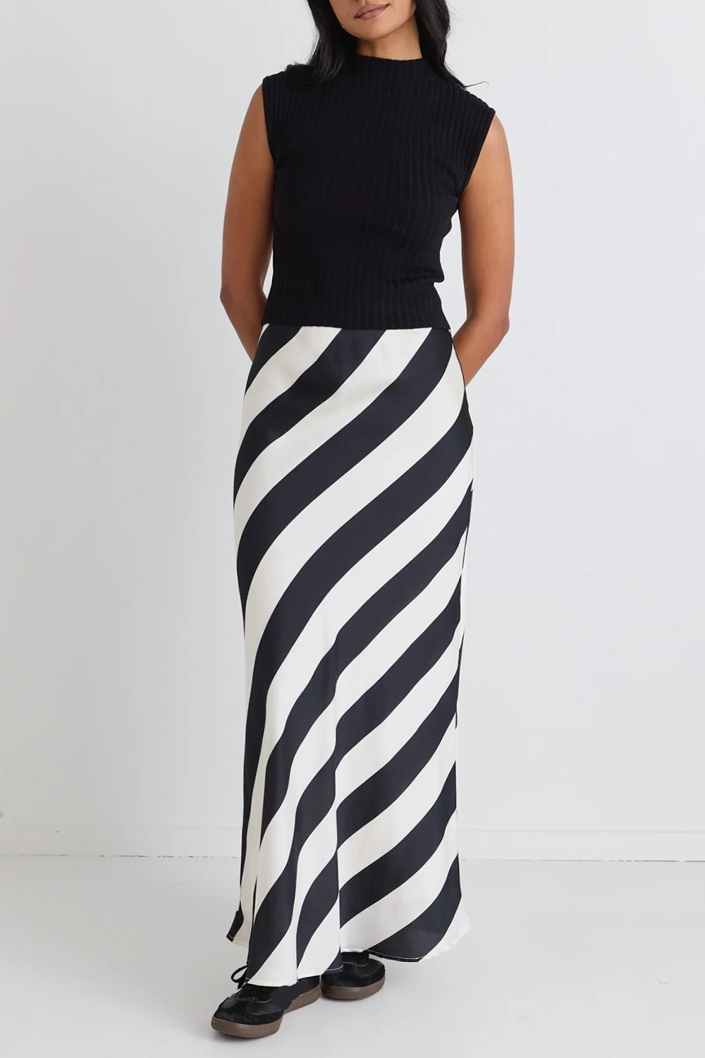 Black White Stripe Bias Cut Skirt