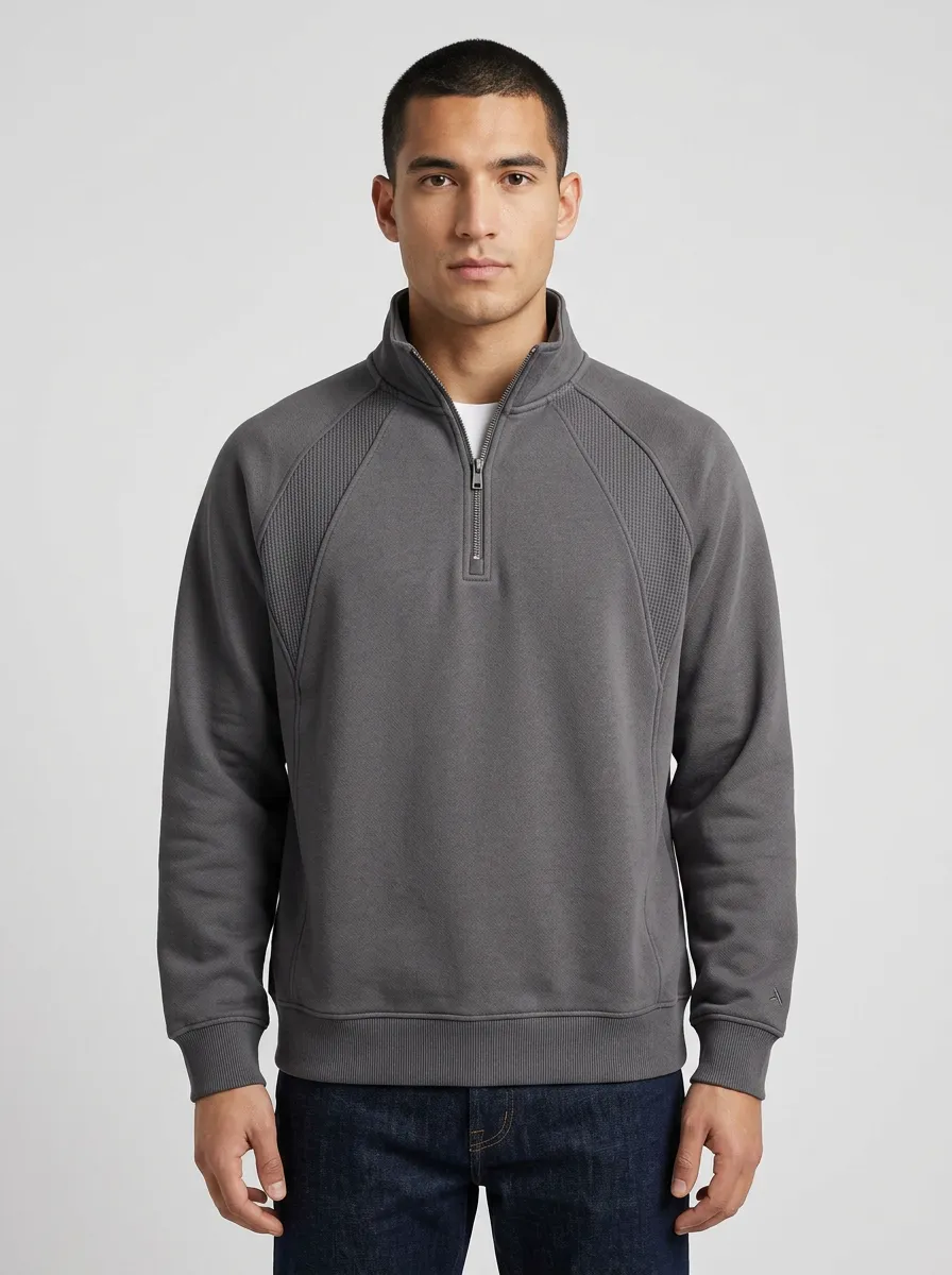 Men's Modern Textured Raglan Embroidered Emblem Stand-Collar Quarter-Zip Sweatshirt