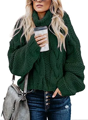 Women's 2025 Turtleneck Balloon Long Sleeve Casual Loose Chunky Cable Knit Pullover Sweater Outerwear