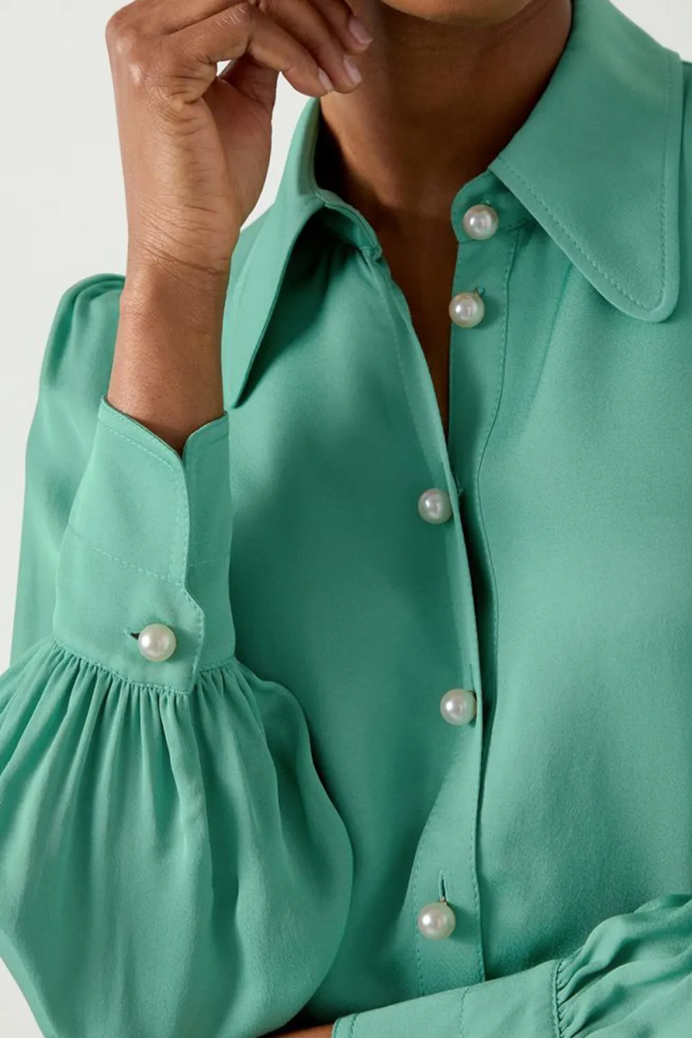 Green Long Sleeve Button Down Silk Blouse