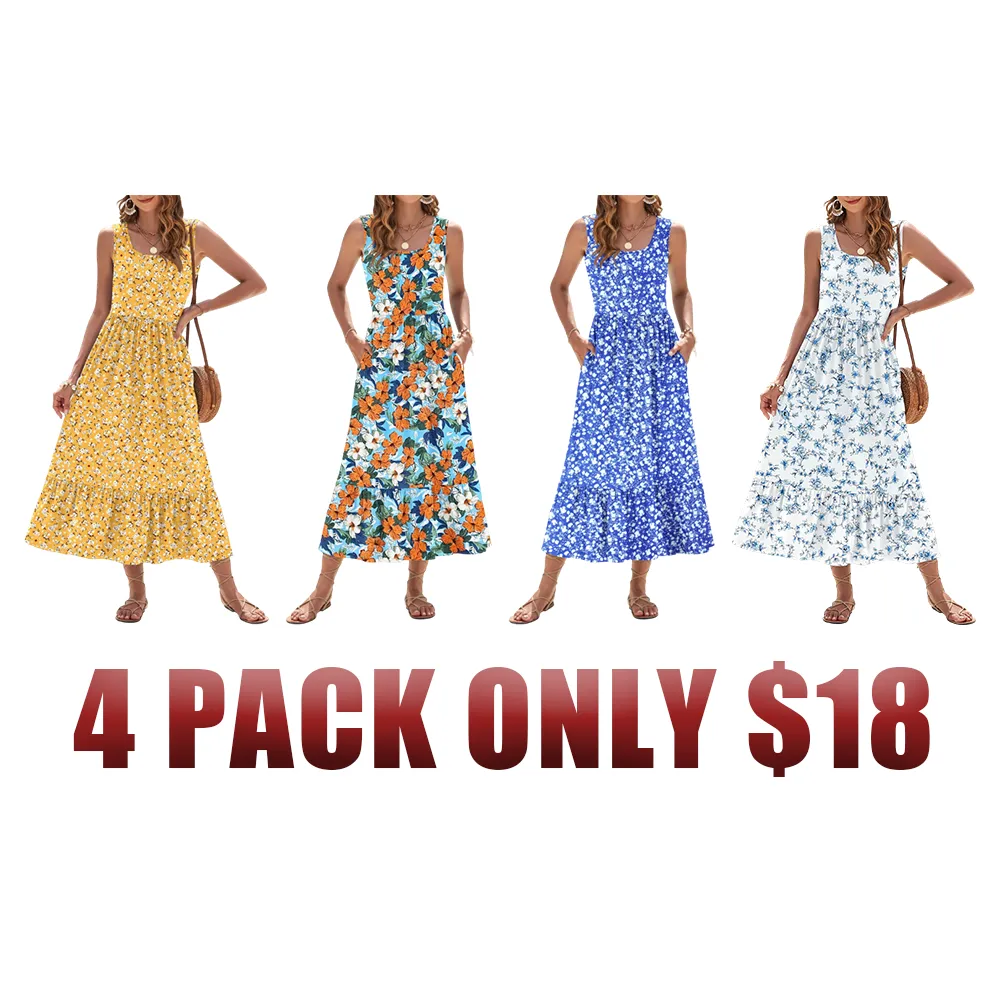 Women's Square Neck Sleeveless Floral Tiered Maxi Dress With Pockets