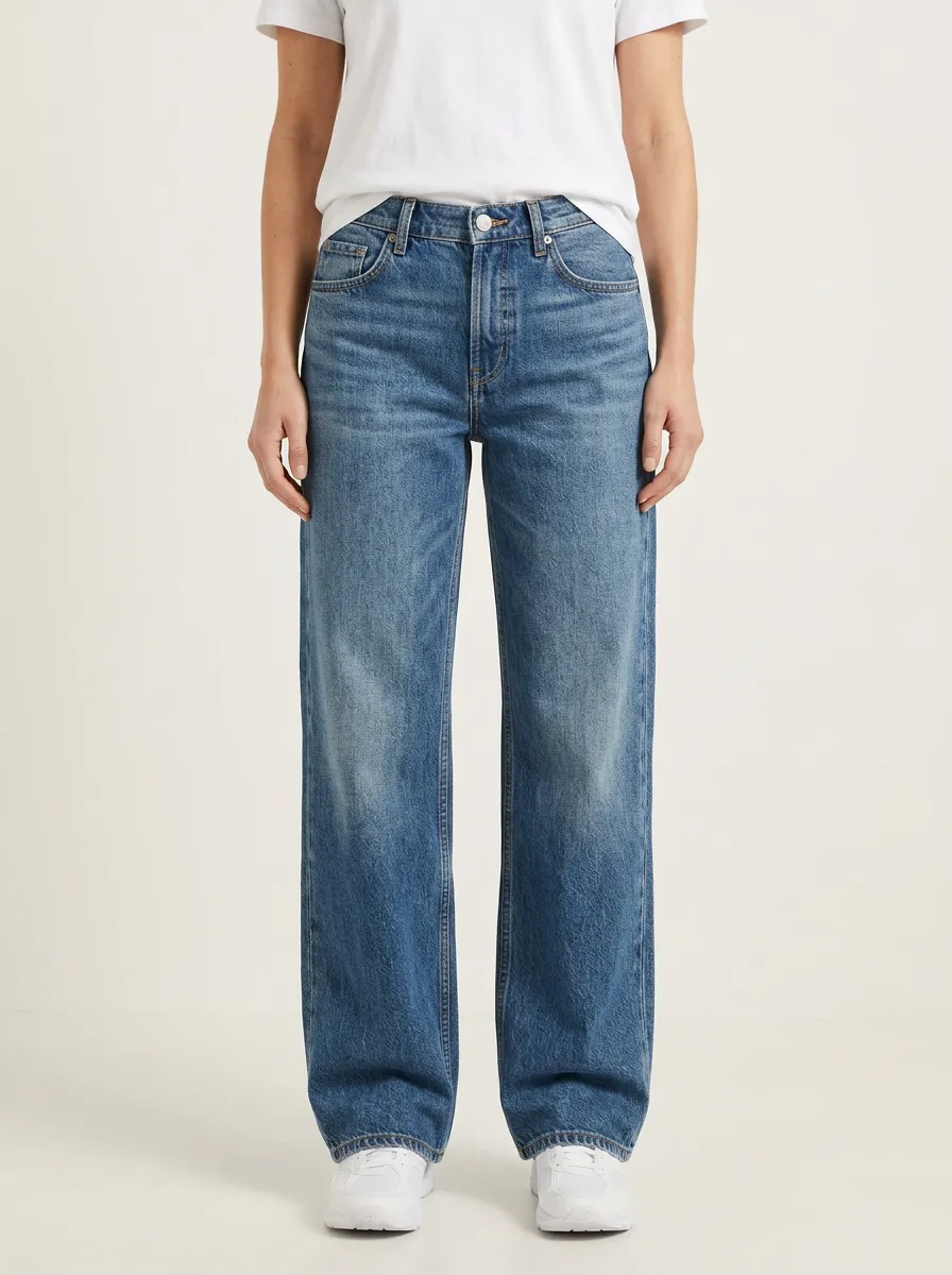 Women's Mid-Rise Faded Washed Wide-Leg Denim Jeans