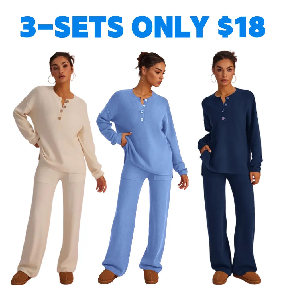 Women's Waffle Knit Loungewear Set Cozy Button Front Top & Wide Leg Pants