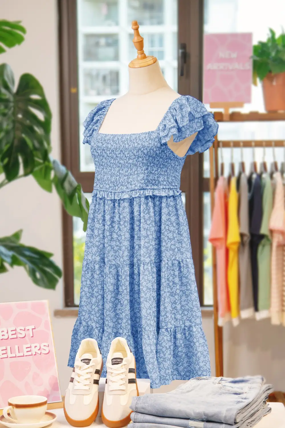 Layered Detail Floral Printed Square Neck Mini Dress