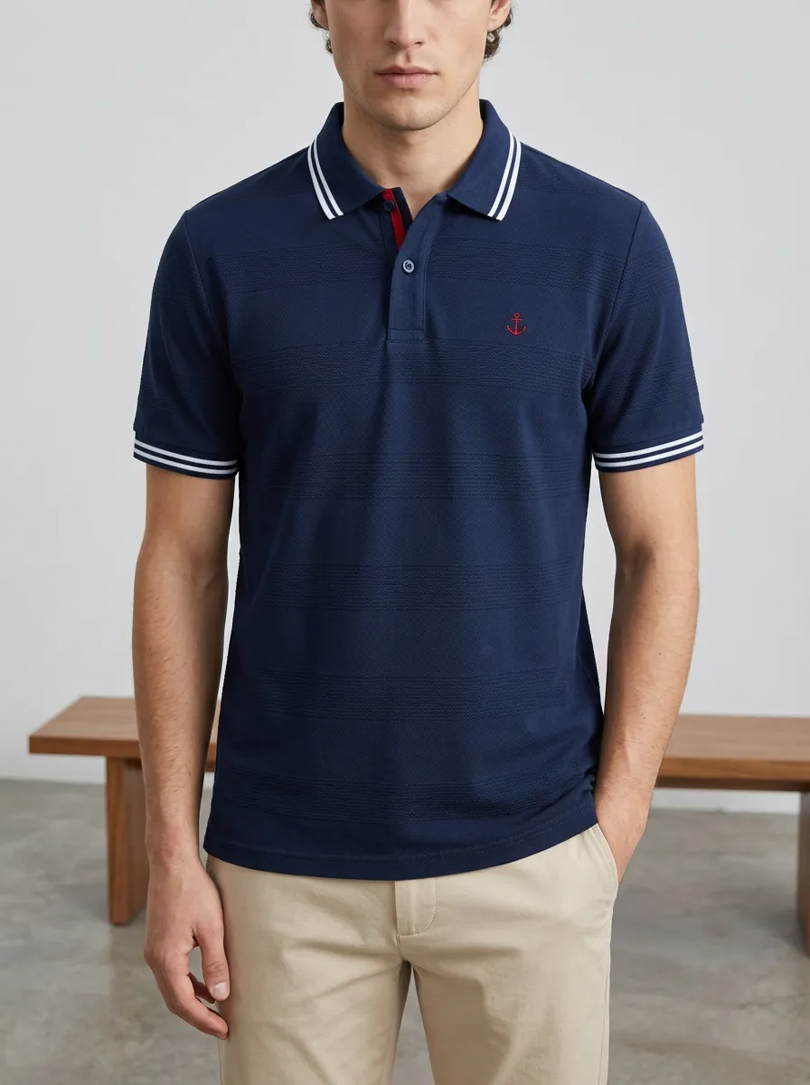 Men's Knit Ribbed Textured Striped Nautical-Anchor Embroidered Polo Shirt