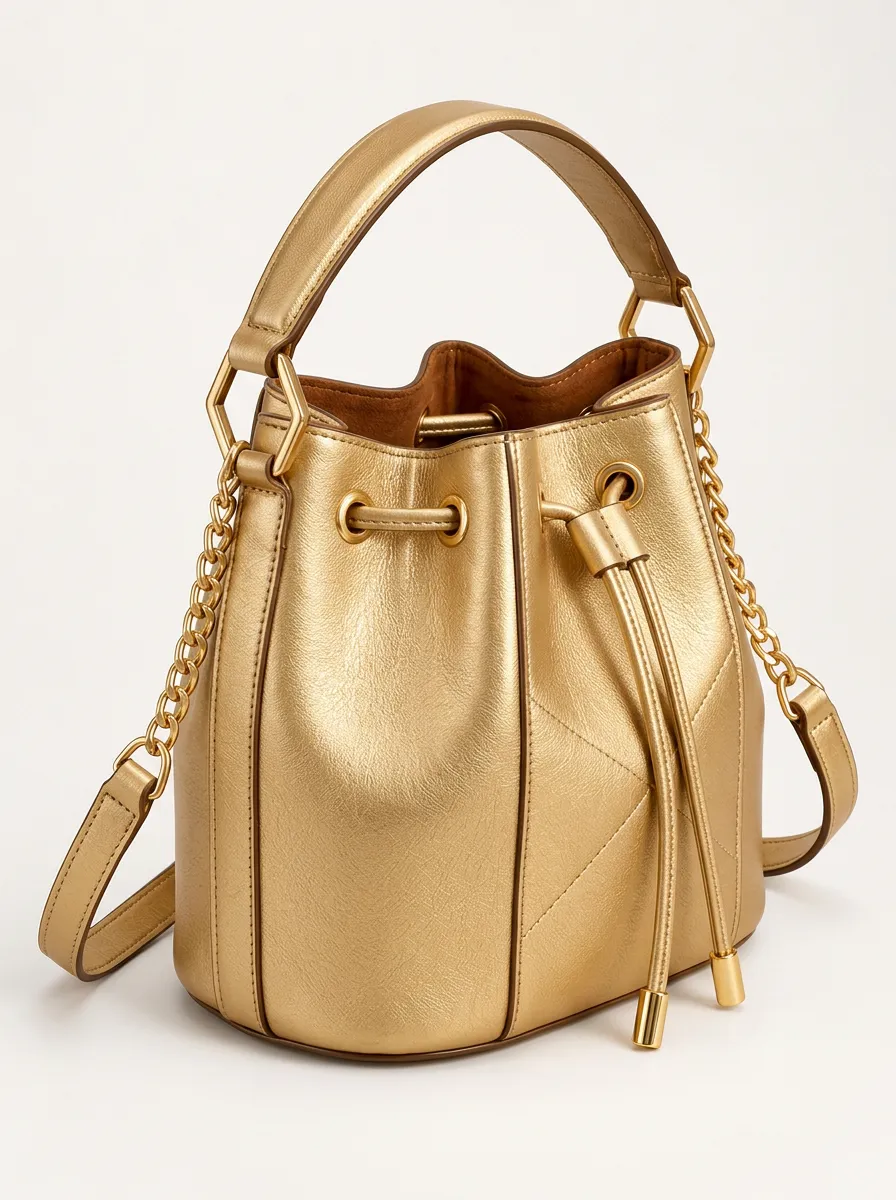 Women's Classic Metallic Gold Finish Metallic Gold Bucket Bag