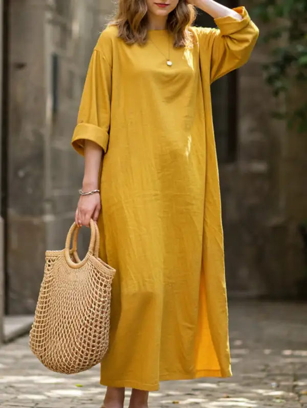 Retro Long-Sleeved Round Neck Loose Dress