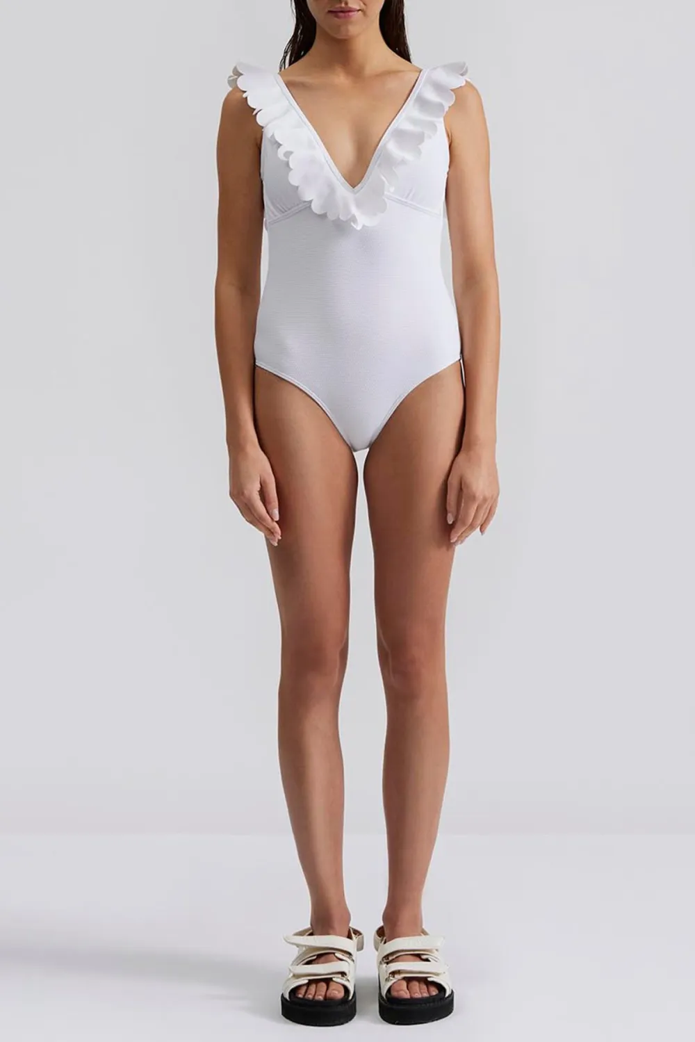 White Sleeveless Swimsuit With Frills