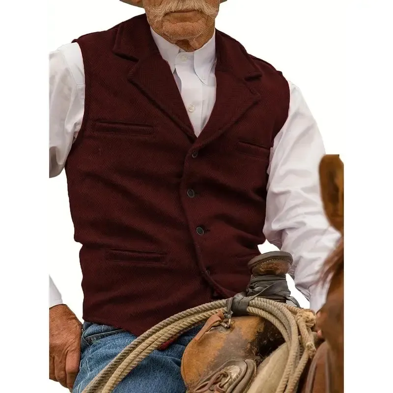 Men's Tweed Cowboy Vests Hunting Fishing Wool Herringbone