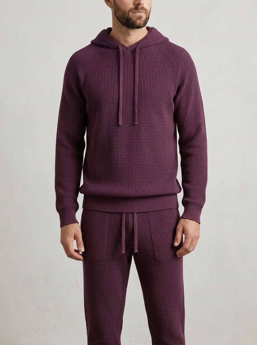 Waffle-Knit Hooded Men's Knit Hoodie Jogger Set
