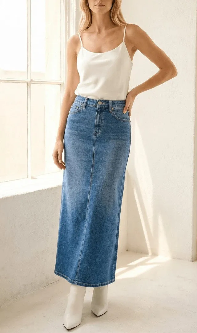 Cropped Stretch Denim Maxi Skirt