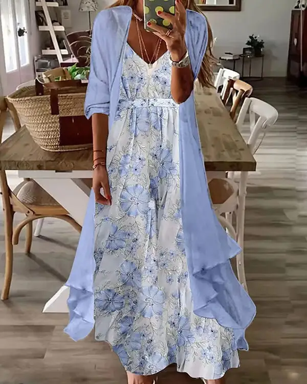Two-piece Half-sleeve Printed Pleated Casual Sexy Dress004