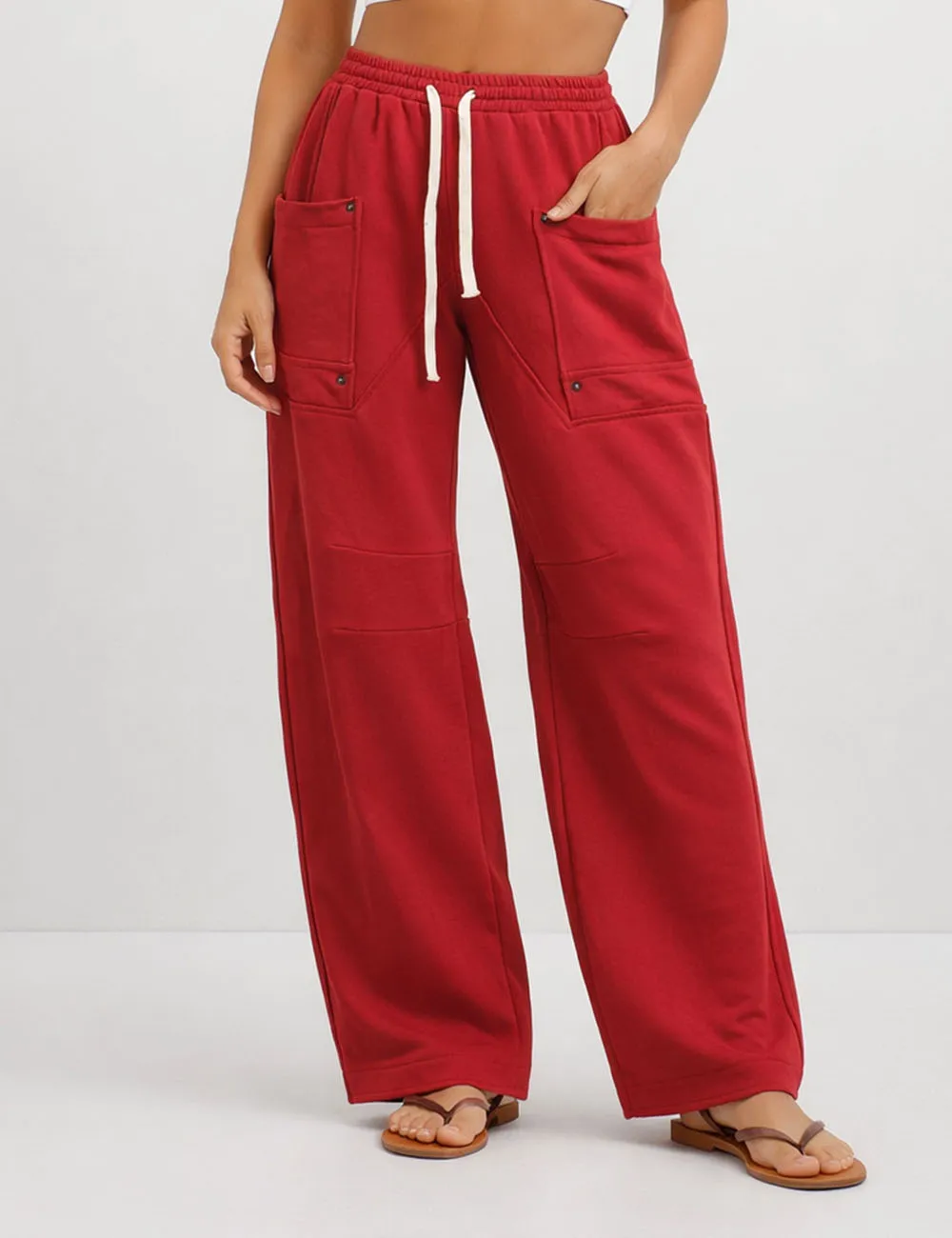 Elastic Waist Drawstring Pocket Straight Leg Denim Pants