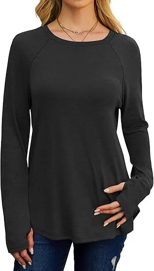 Womens Tunic Tops to Wear with Leggings Long Sleeve Thumb Hole Shirts Crew Neck Curved Hem
