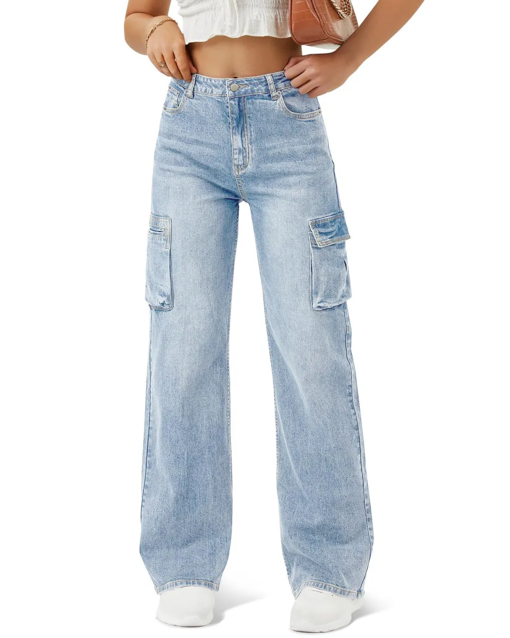 Women's Denim Cargo Jeans In Light Blue
