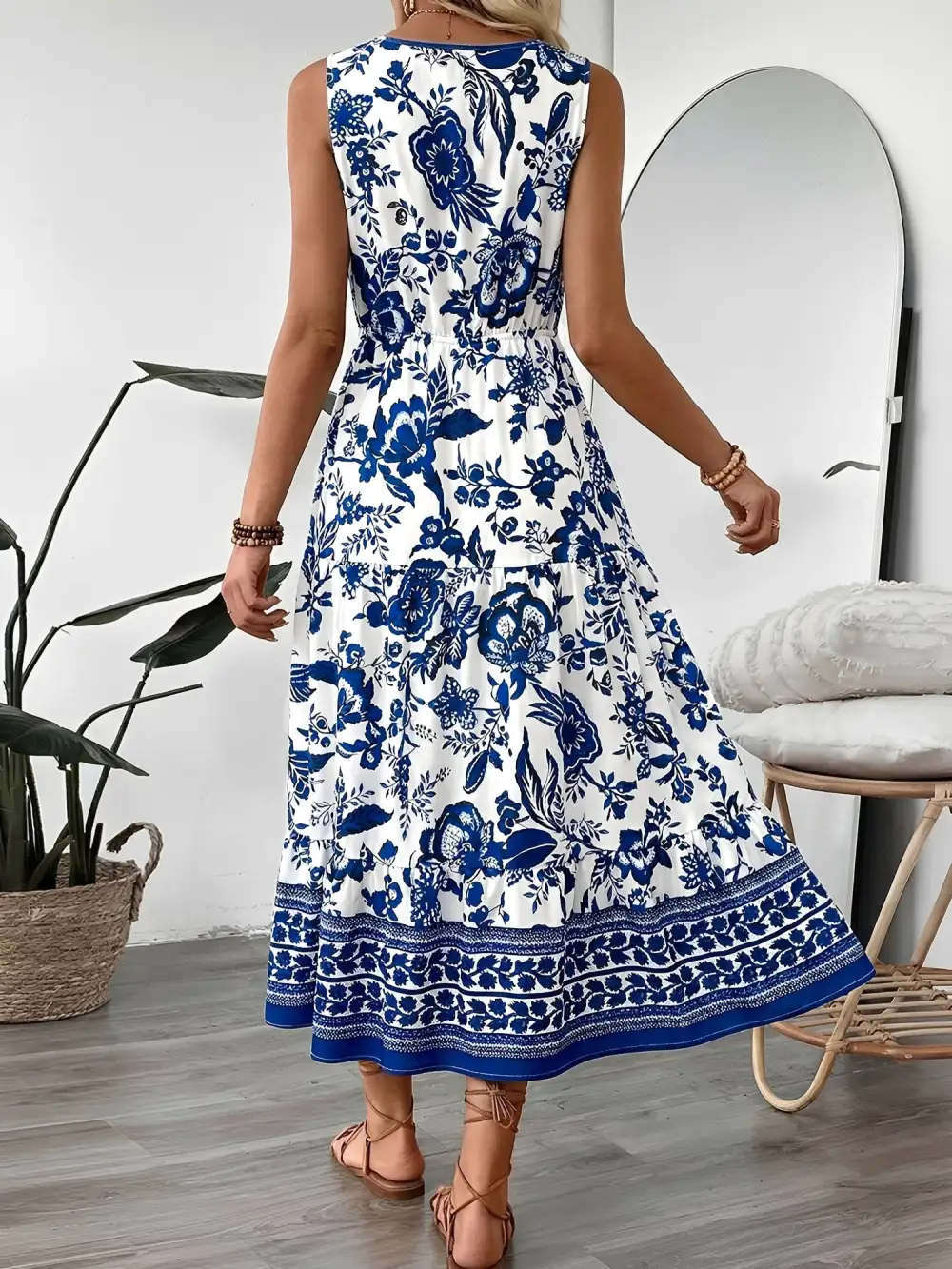 Vacation V-Neck Sleeveless Boho-Print Midi Dress
