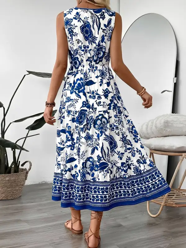 Vacation V-Neck Sleeveless Boho-Print Midi Dress