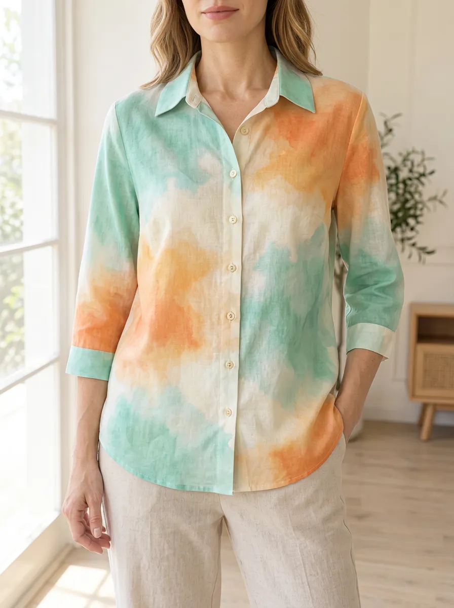 Women's Casual Summer Tie-Dye Watercolor Printed Shirt
